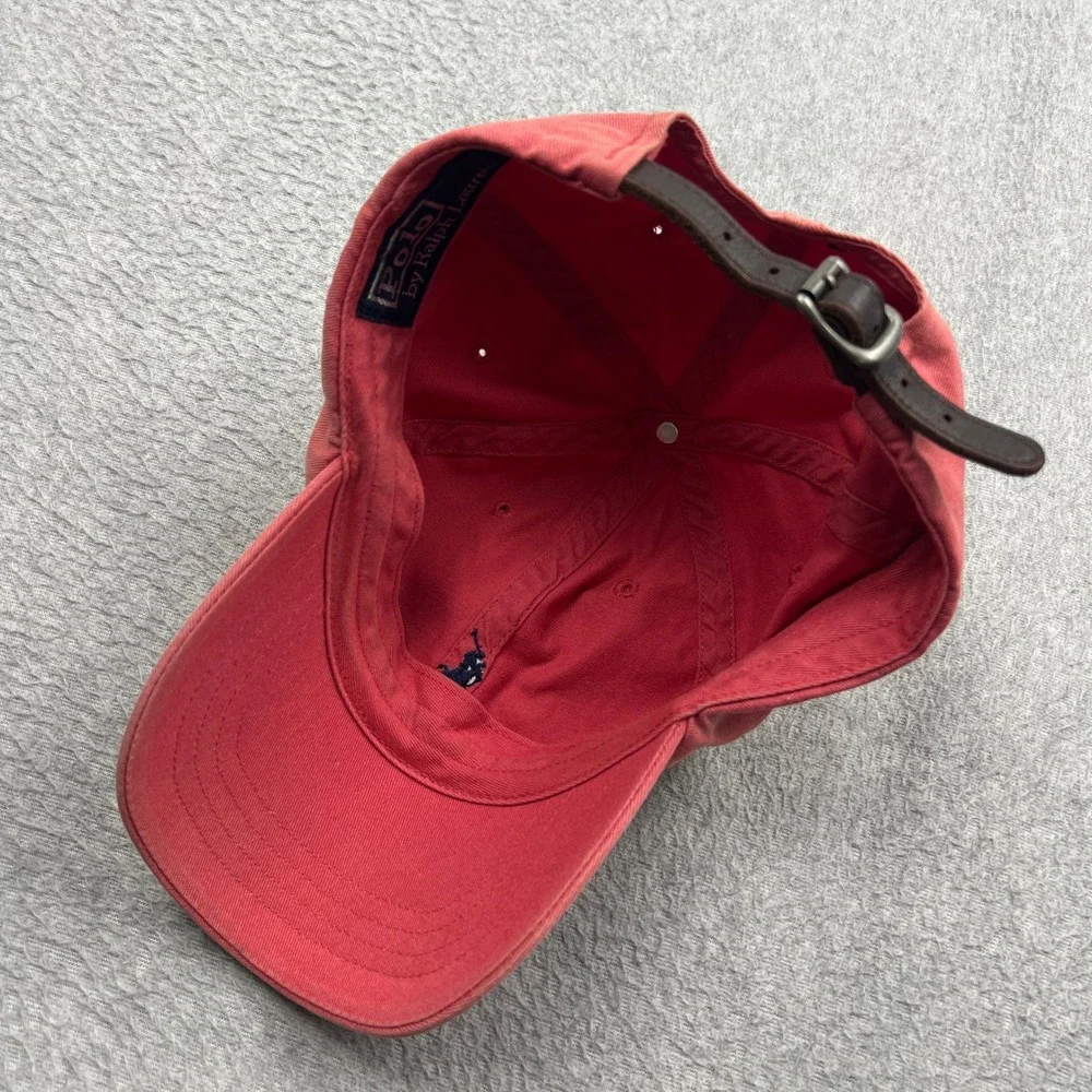 VTG Polo Ralph Lauren Hat Adult Faded Red Canvas Leather Strap Pony Baseball Cap